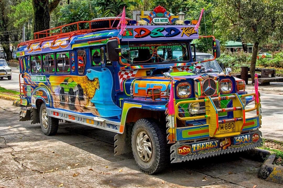 a colorful bus is parked on the side of the road in a park area with trees and bushes in the background